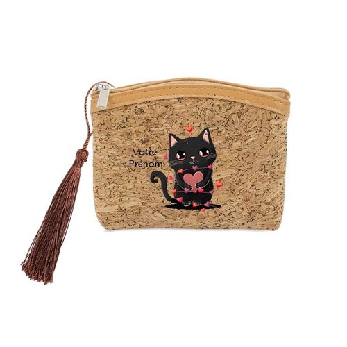Porte monnaie et cles liege chat saint valentin et coeur personnalisee