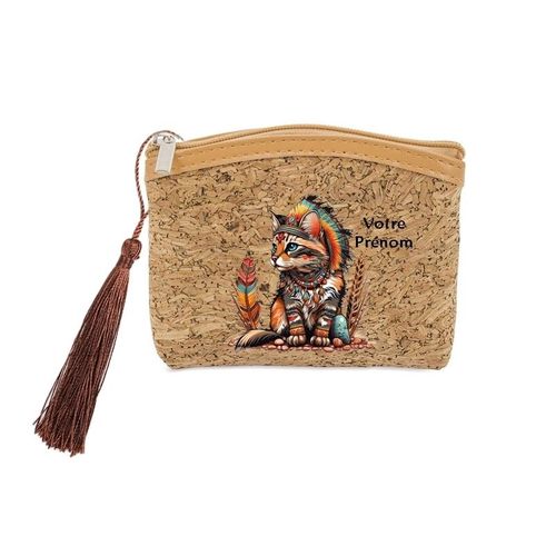 Porte monnaie et cles liege avec motif chat boho plume personnalisable