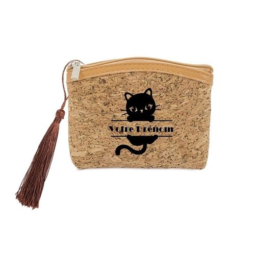 Porte monnaie et cles liege avec motif chat et prenom plume personnalisable