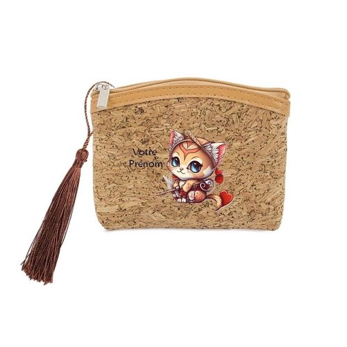 Porte monnaie et cles liege avec motif chat samourai et des coeurs plume personnalisable