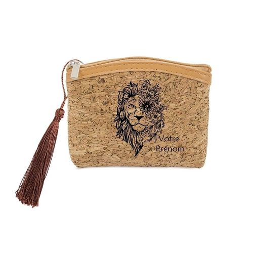 Porte monnaie et cles liege lion fleur jungle personnalisable