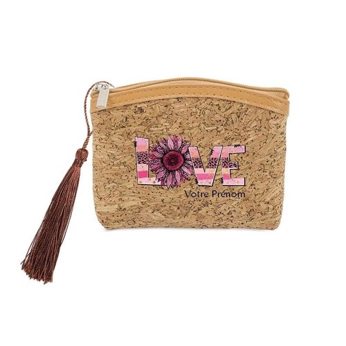Porte monnaie et cles liege love et fleur personnalisable