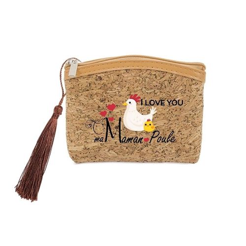Porte monnaie et cles liege avec motif maman poule