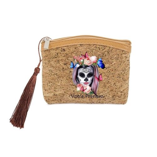 Porte monnaie et cles liege Mort calavera fleur mexicaine personnalisable