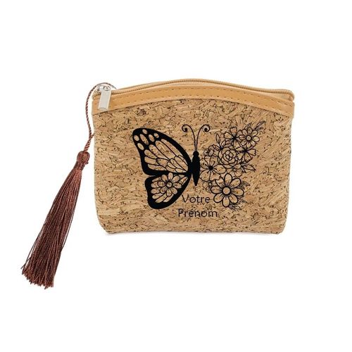 Porte monnaie et cles liege avec motif papillon et fleur personnalisable