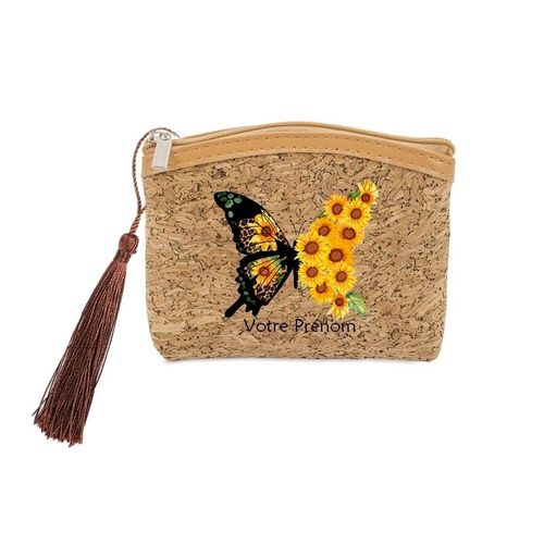 Porte monnaie et cles liege avec motif papillon et fleur de tournesol personnalisable