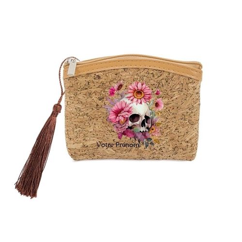 Porte monnaie et cles liege tete de mort et fleur rose personnalisable