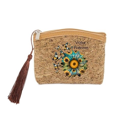 Porte monnaie et cles liege papillon et fleur de tournesol personnalisee