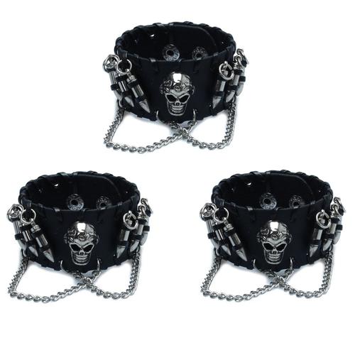 3x Noir Mens Gothique Cuir Skull Chain Wristband Bracelets Pour