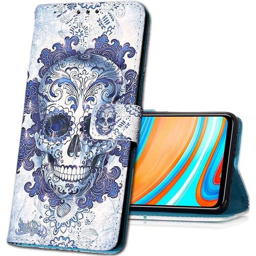 Coque Pour Realme 6, Etui Nouveau 3d Effet Cuir Pu+Tpu Silicone Carte Antichoc Support Portefeuille Magnetique Creatif Housse Pour Realme 6. Yb Blue Skull