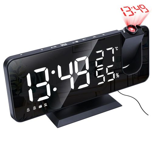 Reveil Projecteur Plafond Radio FM Reveil Projection 180° Horloge Numérique avec 7' LED Écran Miroir Chargement USB Port Fonction Snooze Double Alarme Horloge Digitale pour Chambre, Bureau