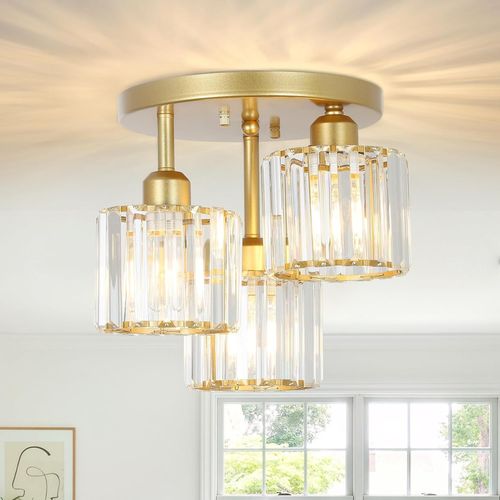 Asas456-Moderne Lustre En Cristal,3-Flamme Plafonnier En Cristal Avec Abat-Jour En Verre,Plafonnier Moderne Salon,Plafonnier En Verre Pour Chambre,Cuisine,Hall,Salle De Bains,Or Mat