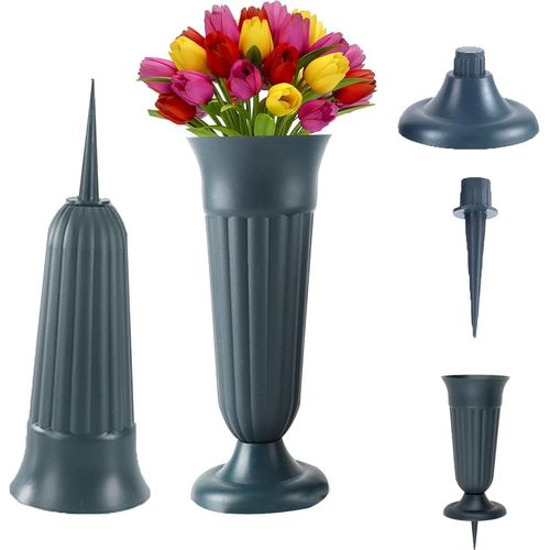asas456-Vase Cimetiere,Vase Funeraire Pour Cimetière 2 Pièces Avec Base Et Piquet De 11cm Vase Decoratif En Plastique 21X10cm Grand Vase Pour Plaque Tombale Cimetiere Exterieur Decoratif