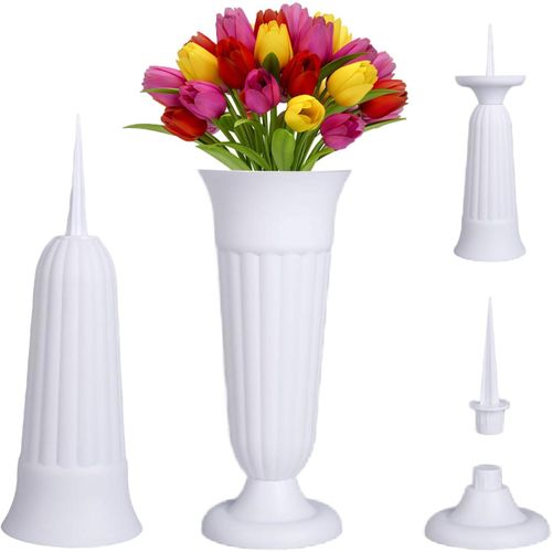 asas456-Vase Cimetiere,Vase Funeraire Pour Cimetière 2 Pièces Avec Base Et Piquet De 11cm Vase Decoratif En Plastique 21X10cm Grand Vase Pour Plaque Tombale Cimetiere Exterieur Decoratif(Blanc)