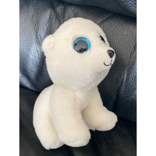 Doudou peluche ours polaire blanc gris yeux bleu et noir ty 16cm