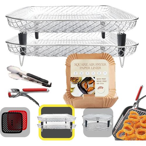 Grille Air Fryer carrée [21 x 21 cm] [SuperPack] - Compatible avec Cosori [5,5 L,6 L,6,4 L] - Grille pour friteuse à air - Accessoires friteuse à air carrée sans huile - Pinces + 50 papiers