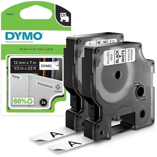 Dymo Lot De 2 Cassettes Ruban D1 Noir Sur Blanc 12mm X 7,0 M