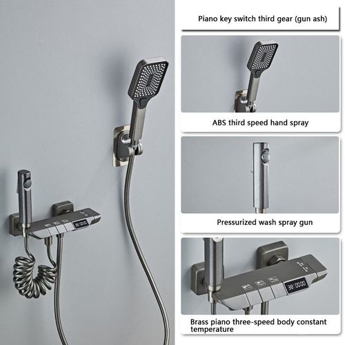 HORain-Système de douche de luxe,ensemble complet de douche sous pression,baignoire numérique à LED en laiton,blanc et gris Système de douche avec affichage à LED Support sans - Type Grey 3 Way LED