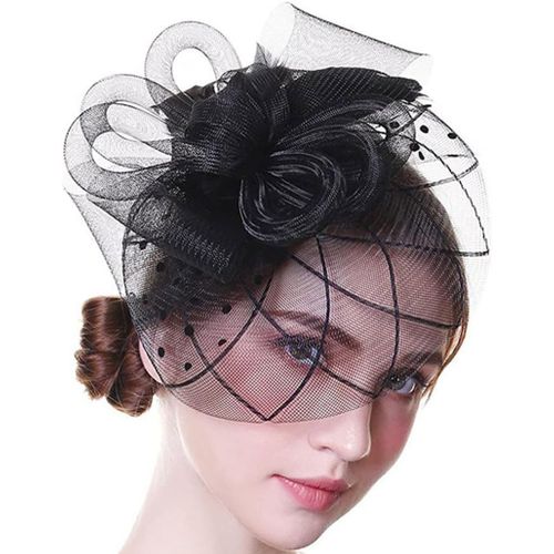 20s Fleur Dentelle Bandeau Voile Fascinateur Chapeau Mariée Cocktail Thé Fête Casque Pour Les Femmes (Noir)