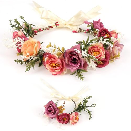 Wedding Floral Guirlande Couronne Demoiselle,Femmes Bandeaux,Couronne De Fleurs, Rose Floral Coiffure Et Ensemble De Bracelet,Bandeau Réglable Pour Party Festival Beach Travle Mariage