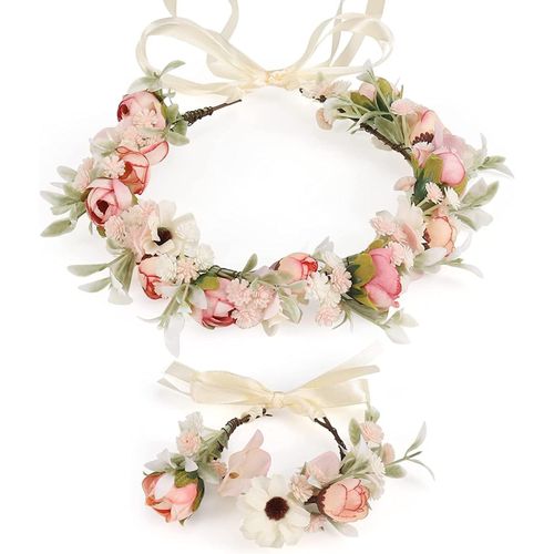 Wedding Floral Guirlande Couronne Demoiselle,Femmes Bandeaux,Couronne De Fleurs, Rose Floral Coiffure Et Ensemble De Bracelet,Bandeau Réglable Pour Party Festival Beach Travle Mariage (Rose)
