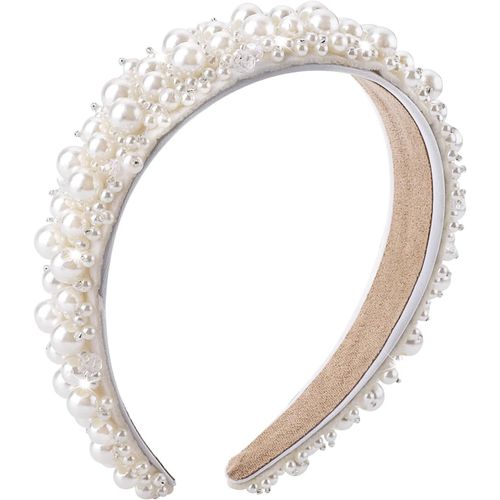 Serre-Tête Large Avec Perles Synthétiques Blanches Pour Femme - Bandeau Large Avec Perles Et Strass - Accessoires De Mariage