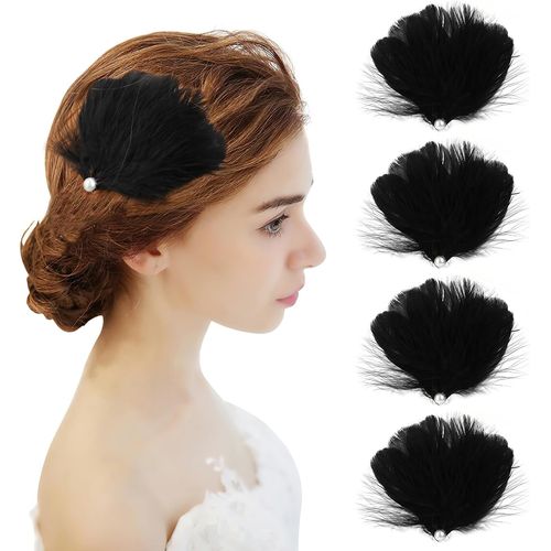 4 Pièces Clips À Cheveux Plume Noir,Coiffe Cygne En Plume Ballet Accessoires Cheveux Femmes Filles,Pièce Cheveux En Perle Blanche Carnaval Costume,Mariée Mariage Cosplay Fête
