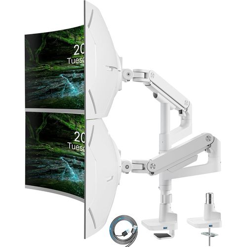 Support Double Écran PC pour Moniteurs 17-49 Pouces,Support d'écran PC réglable en Hauteur avec Câble d'extension USB,Pivot et Rotation,Charge Maximale 20kg,VESA 75/100 mm,Blanc
