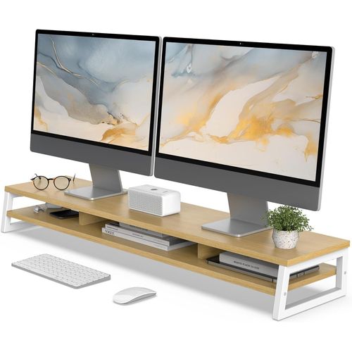 Dual Support de Moniteur ,Réhausseur d'Écran d'Ordinateur en Bois,Pour PC/Ordinateur/Fax/Imprimante/TV,Organisateur de bureau,118x25,5x13,7cm,Charge de 45KG,Chêne
