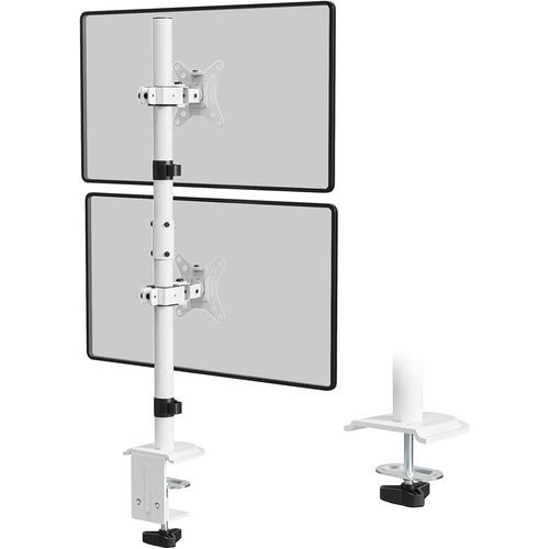 Support à Pile Verticale pour Deux écrans d'ordinateur de 17 à 32 Pouces,Bras Ecran PC Réglable en Hauteur,Inclinable et Pivotant,Charge Maximale de 9kg par Bras,VESA 75/100 mm Blanc