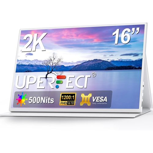 Moniteur Portable 2K 16 Pouces,1200:1 500 Nits QHD 2560 x 1600 16:10,HDMI Standard & 2 Ports USB-C,Écran Mat IPS Eye Care,Bord Étroit avec Cadre en Métal,VESA & Smart Cover
