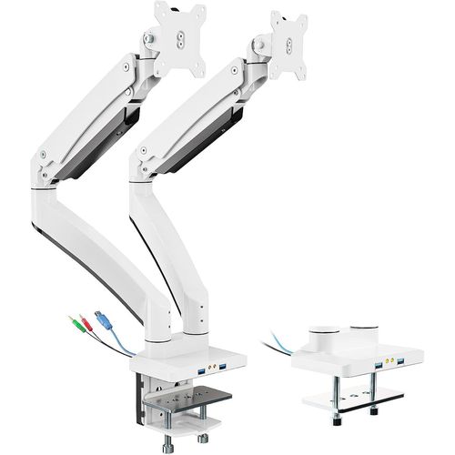Support Ecran PC 2 Ecran de 17 à 35 Pouces,Lourd Premium Aluminium Bras Articulé Ressort à Gaz,Bras Supporte 15 kg par Bras,2x3.0 USB Port,Réglable en Hauteur Bras Ecran PC Blanc