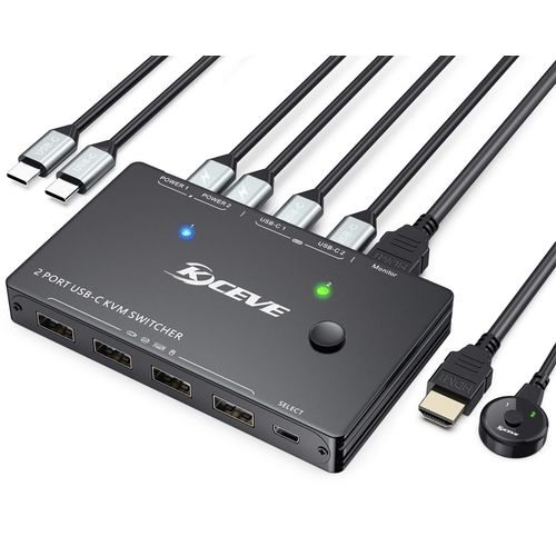 USB C KVM Switch 4K@60Hz,Commutateurs KVM USB C pour 2 Ordinateurs Portable Partage 1 HDMI Monitor et 4 Appareils USB2.0,avec Option d'alimentation de 100 W,Télécommande Filaire et 3 Câbles Inclus