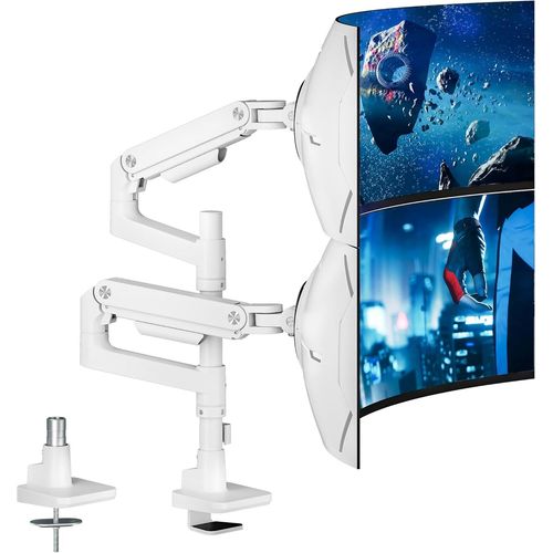 Support Écran PC 2 Écran pour 17 à 49 Pouces,Réglable en Hauteur Bras Double avec Incline,Pivote et Tourne,VESA 75 et 100mm,Ressort à Gaz,Capacité de Charge 2-20 kg,Blanc