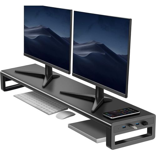 Support Moniteur PC Double avec 4 USB Ports,Rehausseur Ecran en Métal pour 2 Moniteurs,Support de Support Écran Ordinateur en Métal jusqu'à 32"" pour PC,Ordinateur Portable-Noir