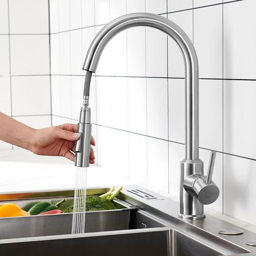 Robinet Cuisine Douchette,Extensible Robinetterie de Cuisine avec 2 Modes de Pulvérisation,Arc Élevé Mitigeur Cuisine avec Douchette,Rotatif à 360°,Installation Facile,Brossée