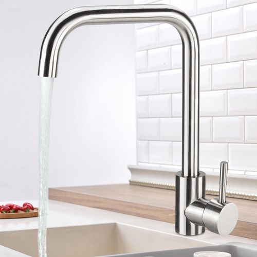 Mitigeur Évier avec Bec Haut Mitigeur Cuisine à poignée unique Robinet de Cuisine,Froid & Chaud Disponible,installation et nettoyage facile,Acier Inoxydable ,Forme en L(Argent)