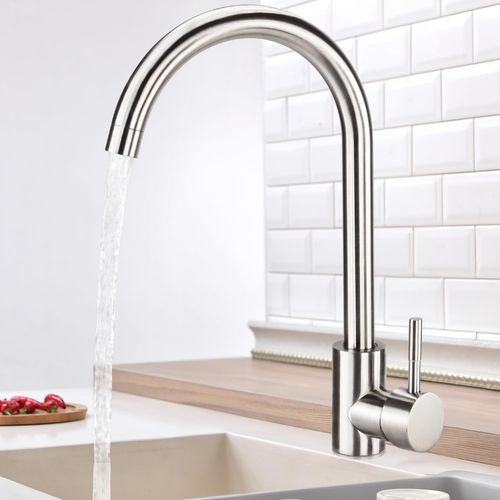 Mitigeur Évier avec Bec Haut Mitigeur Cuisine à poignée unique Robinet de Cuisine,Froid & Chaud Disponible,installation et nettoyage facile,Acier Inoxydable,Forme en C(Argent)