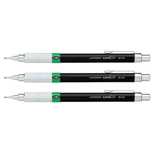 Uni-Ball Lot De 3 Porte-Mines Premium M9552 Grip 0,9mm Noir Bague Verte