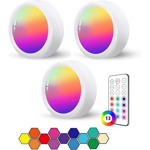 Huag-Spot Rgb Led A Pile Sans Fil Autocollant, 3 Pièces Dimmable Lampe Placard Led Avec Telecommande Eclairage Etagere Couleur Petite Lumiere Vitrine Applique Murale A Pile Led Cuisine Sous Meuble Sa
