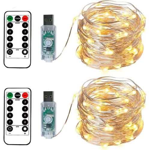Huag-2 Guirlandes Lumineuses 100 Leds 10 Mètres Fil D'argent Blanc Chaud,Prise Usb Avec Télécommande Lumière Etoilée Pour Décoration Noël Soirée Mariage Fête
