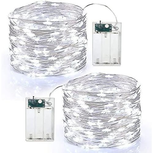 HUAG-2 x 60 LED Guirlande Lumineuse à Pile Guirlande Lumineuse Fil d'argent 6M Intérieur et Extérieur Décoration Lumière pour Chambre Noël Mariage Soirée Maison Jardin, Blanc Froid