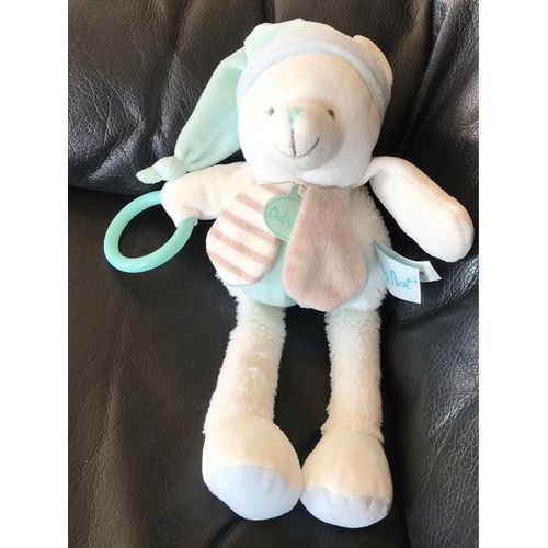 Doudou Ours Babynat Baby Nat' - Collection Layette - Bonnet Bleu Vert 27cm