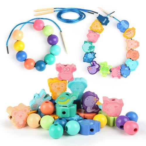 Montessori Lot de 32 jouets en bois à enfiler pour enfants à partir de 2,  3, 4, 5, jeu d'enfilage en bois pédagogique, perles d'animaux, jouets pour  filles et garçons de 2 à 5 ans