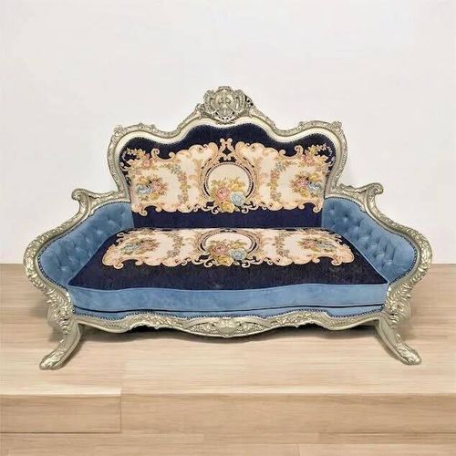 Grand Salon Complet Louis Xv Bleu & Argenté Motif Bois D¿Hêtre Sculpté