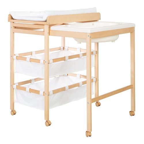 Table À Langer Avec Baignoire Coulissante Baby Pool 2en1 Avec Matelas Imperméable Blanc Et 2 Compartiments De Rangement - Bain Bébé Dès La Naissance - Bois Naturel