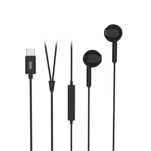 Ecouteurs WE avec connecteur USB-C de couleur noir Câble 1,20 m. Bouton multifonction et microphone intégré pour appels