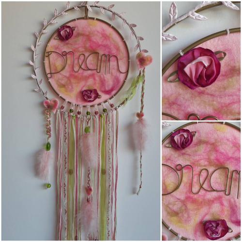 Attrape-rêves "Dream" rose & vert - Fait main