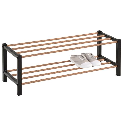 Étagère À Chaussures Waterford Rangement Porte-Chaussures Avec 2 Niveaux, Pieds En Métal Laqué Noir Et Tablettes En Décor Bois