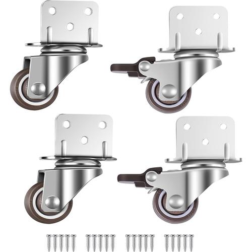 (4pcs)Lot de 4 petites roulettes pivotantes pour meubles, 25 mm avec frein, plaque de montage en L, convient pour meubles, supports de fleurs, crèches (25 mm)